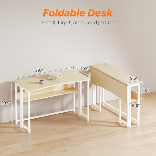 Huuger Folding Desk with Storage Shelf, 39.3 Inch Foldable Computer Table | Writing Work Office Computer Desk for Small Spaces, Space Saving Sofa Table for Couch, Easy to Fold, Oak - color: Oak, size: 18.5"D x 39.4"W