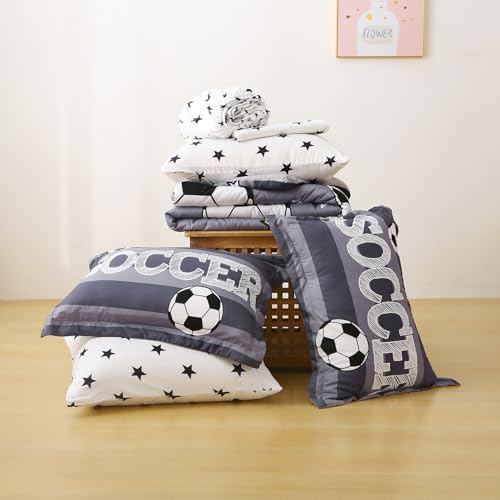 Boys Sports 7 Piece Soccer Comforter Set Queen Size 3D Football Playground Bedding Set for Kids Comforter Gray(Comforter,Flat Sheet,Fitted Sheet and Pillow Sham) - color: Grey Soccer, size: Queen