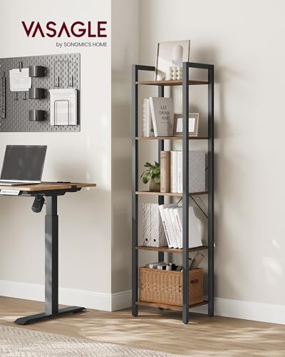 VASAGLE 5-Tier Bookshelf, Bookcase with Steel Frame, Book Shelf for Living Room, Home Office, Study, 11.8 x 15.7 x 60.2 Inches, Industrial Style, Rustic Brown and Ink Black ULLS100B01 - color: Rustic Brown + Ink Black, size: 5 Tiers (11.8"D x 15.7"W x 60.