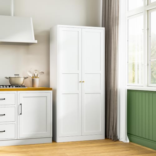 White Storage Cabinet with Adjustable Shelves-Metal Home Kitchen Pantry Cabinets with Doors,Organization Locker for Cupboard/Bedroom/Dining/Living/Bathroom/Office/Garage Room - color: White, size: 16"D x 32"W x 71"H-B