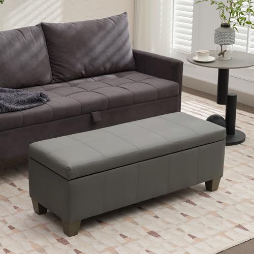 41" Storage Ottoman, Storage Bench with Safety Hinge, Upholstered Synthetic Leather Ottoman Bench for Bedroom, Living Room, Entryway, Hallway, Foot Rest, Support 500lbs, Grey - color: Grey, size: 41 inch
