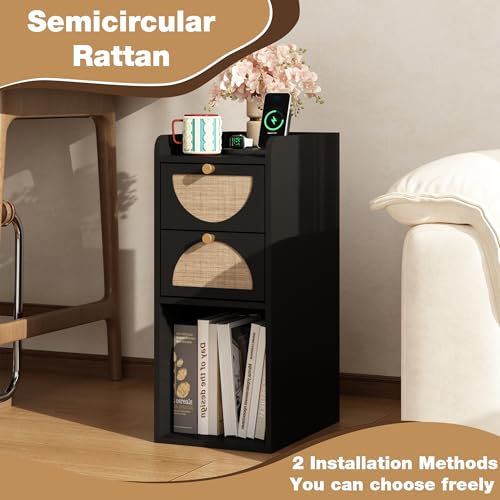 Narrow Nightstand Set of 2 (Rattan & Wood) - Small Bedside Table with 2 Drawers, Open Shelf, Mid Century Modern End Table - for Bedroom, Living Room & Small Spaces, Black - color: Black, size: 9.9"W (2 Pc)
