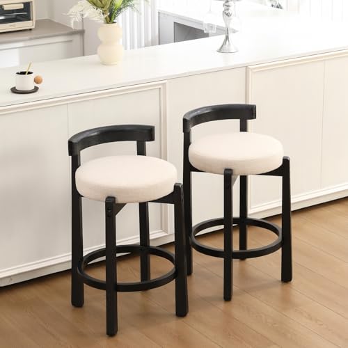 HEAH-YO Mid Century Modern Bar Stools Set of 2, 26.5" Counter Stools with Low Back, Linen Upholstered Barstools with Black Wood Legs Bar Chairs for Kitchen Island Dining Room, Beige - color: 26.5" Beige Linen Black Wood, size: Counter Height - Set of 2
