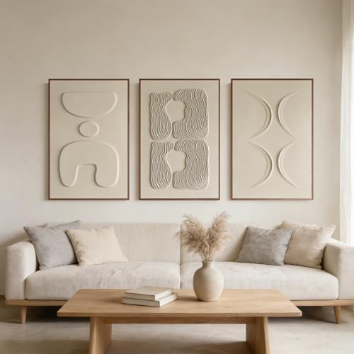 Thalasse Large 3-Piece 3D Textured Wall Art for Living Room, 24x36 Inch | Wabi Sabi Sandstone Relief Panels with Solid Wood Frames, Minimalist Wall Decor for Hallway and Entryways - color: Sand Beige - Walnut Finish Frame, size: 24" x 36" (Set of 3)