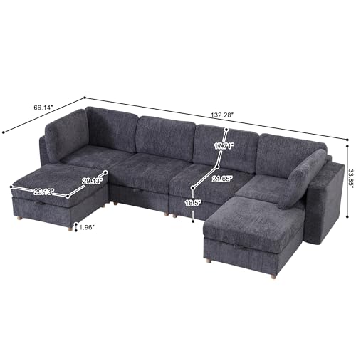 KEIKI Large Modular Sectional Couch with Hidden Storage Seats, Convertible 6 Seater Sleeper Sofa with Washable Covers and Ottoman, Modern Fabric Sofa for Home Theater, Lounge or Entertainment Room - size: 6-Seater