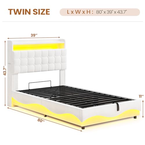Lift Up Twin Bed Frame with Storage Headboard, Creamy White | LED Lights, Charging Station, Hidden Cubby, Velvet Upholstered Princess Twin Bed with Hydraulic Storage, for Girls - color: Velvet White, size: Twin