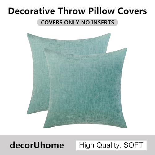 decorUhome Chenille Aqua Haze Throw Pillow Covers 18x18 Inch Set of 2, Decorative Soft Couch Pillow Covers Solid Dyed Accent Velvet Farmhouse Neutral Square Pillow Cases for Sofa Bed Living Room | Decorative Fall Couch Pillow Covers Solid Dyed Accent Mode