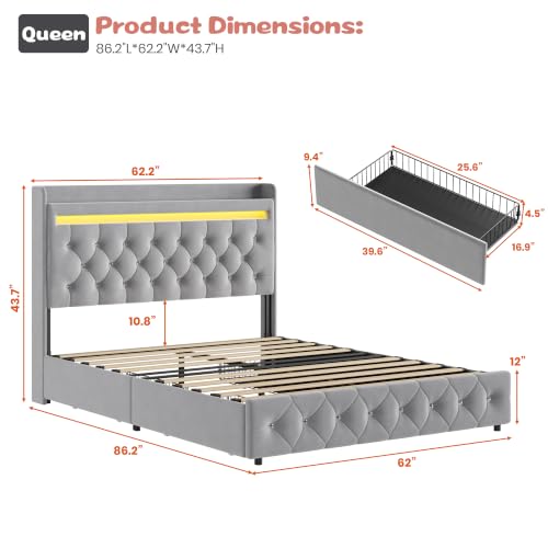 Garvee Queen Upholstered LED Bed Frame with Storage Headboard, Gray | Queen Bed with Charging Station and 2 Drawers, Velvet Princess Platform Bed for Kids, No Box Spring Needed, Easy Assembly - color: Grey, size: Queen (U.S. Standard)