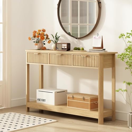 RUSTOWN Fluted Wood Console Table with 3 Drawers, 47.2" Boho Entryway Table | Narrow Behind Couch Sofa Table, Open Storage Shelf, Curved legs, 2 Tier Modern Farmhouse Hallway Table for Living Room, Foyer - color: Natural Wood