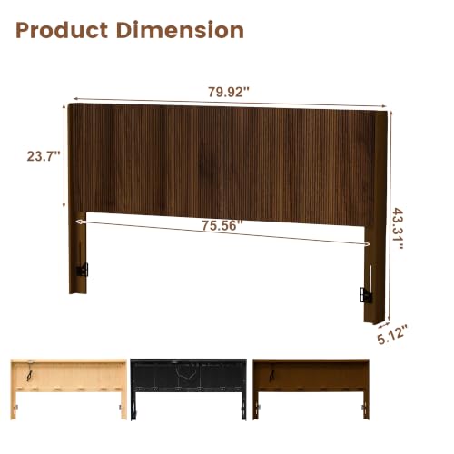 King Size Headboard with Outlets&Lighting, Brown 80" W Headboard Only, Mid Century Modern Freestanding Fluted Headboard Noise-Free with Storage - color: Walnut Brown, size: King