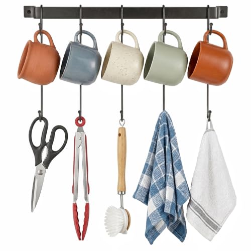 17" Coffee Mug Hook Rack Wall Mounted Set of 2 | Black Metal Tea Cup Holder Hanger Organizer 10 Hooks, Kitchen Rail Utensil Rack for Dining Room Coffee Bar