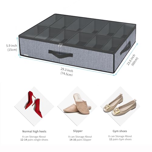 Onlyeasy Large Under Bed Shoe Organizer (6 to 12 Pairs x 2) - Underbed Shoes Closet Storage Solution with Metal Zipper and 2 Handles, Breathable, 29.3"x23.6"x5.9", Linen-like Grey, MXDUBSB2P - color: 2 Shoes (12+12 Cells) Linen-like Grey