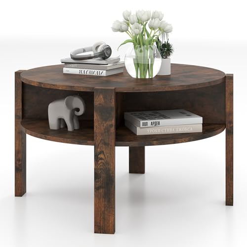 GIANTEX Round Coffee Table, Mid Century Modern Center Table (Rustic Brown) | 2-Tier Storage Shelves & 4 Side Compartments, Wood Coffee Table for Living Room, Small Spaces - color: Rustic Brown