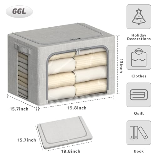 4 Pack Clothes Storage Bins with Metal Frame - 66L Stackable Storage Box with Lid,Foldable Storage Container Organizer for Clothes,Linen Fabric Storage Box with Clear Window&Zippers&Handles - color: Light Grey, size: 66L
