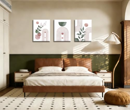 Frimeeme Pink and Green Wall Art,Large Boho Canvas Pint Set of 3,Pink And Green Abstract Leaves Wall Art Abstract Geometry Canvas Prints Ready to Hang, 12x16 Inches - color: Framed - Pink and Green Wall Art, size: 12"L x 16"W x 3Pieces
