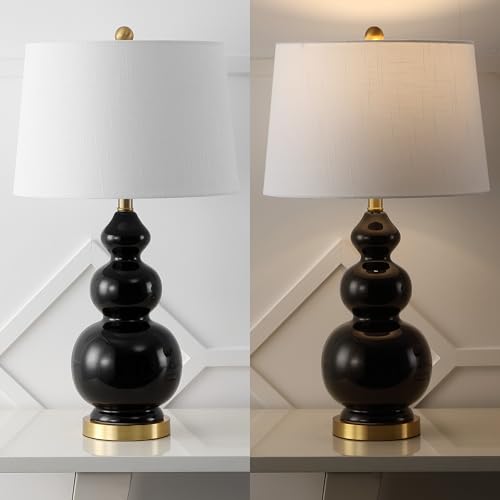 JONATHAN Y Bowen 27.5" Ceramic Triple Gourd Table Lamp, Black/Brass Gold | Contemporary, White Linen Drum Shade, Modern Transitional Style, Metal Base, LED Bulb Included - color: Black