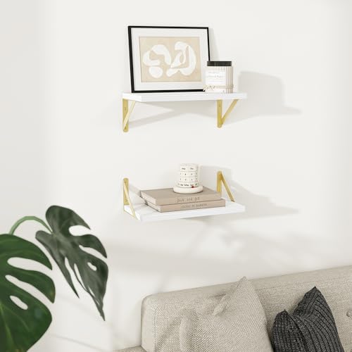 Dreamland Wall Mounted Floating Shelves Set of 2, 16x8, White&Gold | Engineered Wood, Visible Bracket, Large Storage, Hold Up to 30lbs, Living Room, Bathroom, Bedroom, Kitchen - color: White&gold, size: 16"W x 8"D
