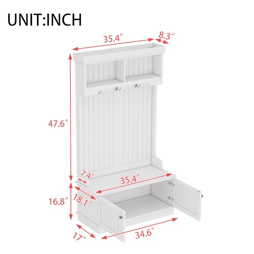 35.5 inch Hall Tree with Bench and Shoe Storage Shelf, Wood Hall Tree with 4 Hooks/Mudroom Bench with Storage and Hooks, Wood Hall Trees for Entryway, Hallway, Living Room, White - color: White, size: 35.5 inch