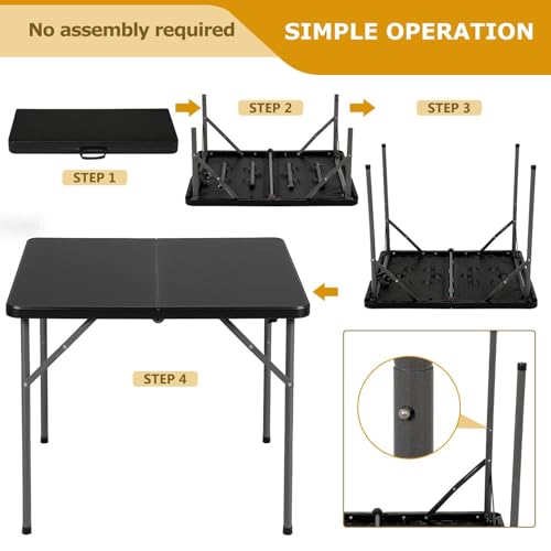 34" Folding Card Table, Heavy Duty Plastic Square Table - Portable Fold-in-Half w/Handle & Lock for Camping, BBQ, Party, Events, Black - size: 34‘’-Black
