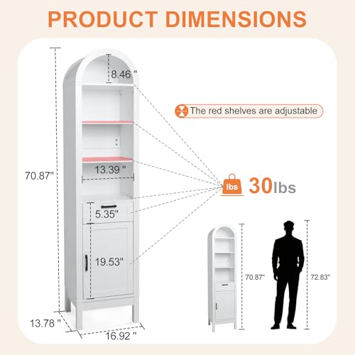 Narrow 71" Tall Wood Cabinet with Adjustable Shelves | Arched Storage Cabinet, 1 Door & 1 Drawer, Moisture-Resistant, Anti-Tipping, Sleek, Sturdy, Cam Lock, Space-Saving, - color: White, size: 17" W