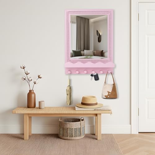 Tirzah 16x12 Inch Wall Mount Beaded Wood Framed Mirror with Shelf and 6 Hooks, Pink Decorative Entryway Mirror with Storage for Laundry Room, Bathroom, Bedroom - color: Pink