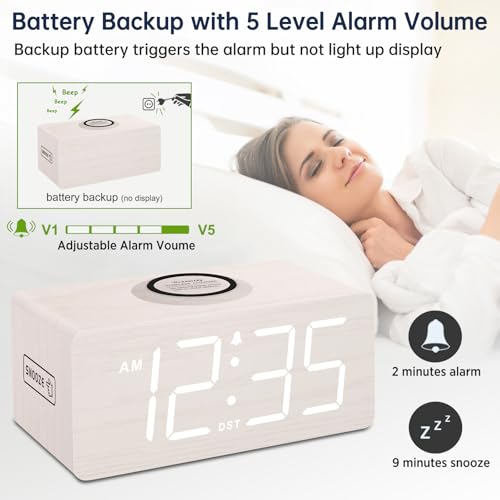 DreamSky Wooden Digital Alarm Clock with Wireless Charging for Bedroom | Bedside Nightstand Clock with Charger Station, USB Port, Large Numbers, Adjustable Volume, Brightness Dimmer, DST - color: White