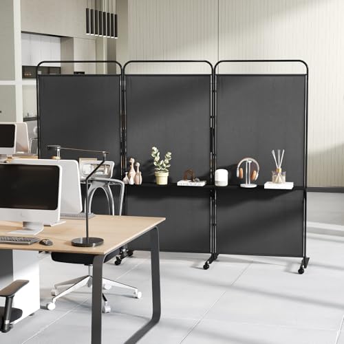 GOFLAME 3 Panel Room Divider with Storage Shelves, 6FT Folding Privacy Screen with Lockable Wheels, Portable Rolling Wall Divider, Freestanding Partition Screen for Room Separation, Black - color: Black