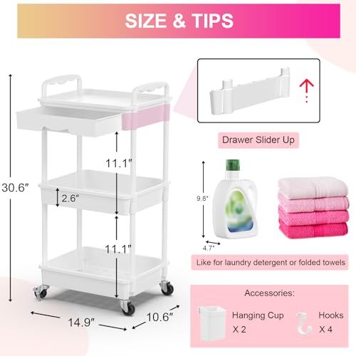 Goovilla 3 Tier Rolling Utility Cart Organizer with Removable Drawer, White | Stable and Sturdy Rolling Storage Carts with 2 Lockable Wheels for Bathroom, Kitchen, Snack, Craft, Makeup, Baby Essentials - size: 3 Tier, style: White