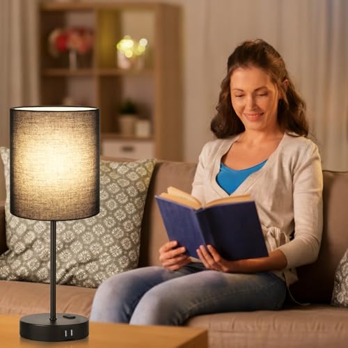 Lynnoland 2 Pack Touch Control Table Lamps with 2 USB & AC Outlet, 3-Way Dimmable Bedside Nightstand Lamps for Bedroom Living Room Nursery, 800 Lumens 3000K Warmlight Bulbs Included - color: (2 Pack)Black & Black(Base)-3000K Bulbs Included