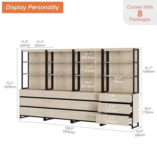 WAMPAT 4 PCS Modern 72" Tall Bookshelf with 6 Drawers and Open Book Shelves, Library Bookcase with Storage Cabinet and Metal Base, Wood Freestanding Bookshelves for Home Office, Living Room, Beige - color: Beige-b, size: 4 PCS