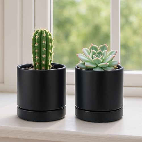 D'vine Dev 2-Pack Ceramic Pots with Saucers, Black, 4.7 in, 94-V-B-2 | Modern Cylinder Design, Glazed Ceramic, Drainage Hole & Saucer Included, High Temperature Fired, Elegant Home Accent - color: Black, size: 4.7 Inch