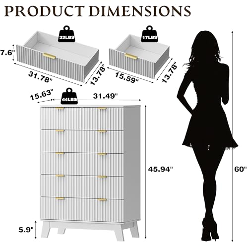 BORNOON 46" Tall Dresser for Bedroom, 6-Drawer Fluted Chest of Drawers, Modern Wood Highboy with Deep Storage, Metal Slides and Handles, Anti-Tip Kit, Vertical Clothes Organizer for Apartment, Nursery - color: Pure White, size: Tall 6-Drawer