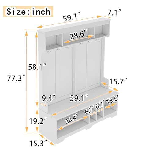 60 inch Hall Tree with Bench and Shoe Storage, Shelf, Wood Hall Tree with 6 Hooks/Mudroom Bench with Storage and Hooks, Hall Trees for Entryway, Hallway, Living Room - color: White, size: 60 inch