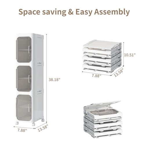 3 Tier Slim Bathroom Storage Cabinet, Foldable and Movable, White | Tools Free, ABS and PET, Magnetic Clear Door, Adjustable Shelves, Lockable Wheels, Water Resistant, For Narrow Space - color: White, size: 3 Tiers