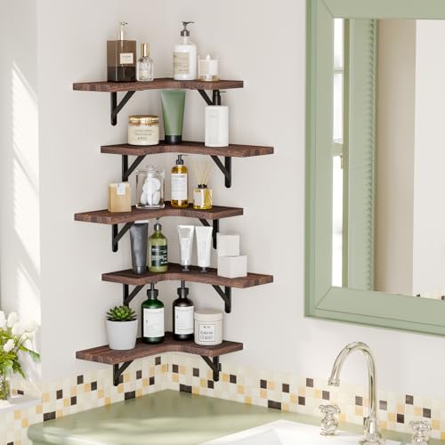 Fixwal Conner Shelves Wall Mounted for Decor, Walnut Brown Set of 5 | Solid wood shelf with metal brackets, holds 40 lbs. Optimizes corner storage. Fits bathroom, kitchen, bedroom & living room. - color: 6-walnut Brown