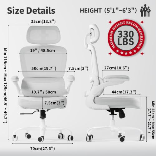 TRALT Ergonomic Office Chair Desk Chair with Adjustable Lumbar Support | Home Office Desk Chairs with Flip-up Armrests & 3D Headrest - Mesh Gaming Chairs for Adults, 330lbs, PU Leather (White, 1) - color: White, size: Pack of 1