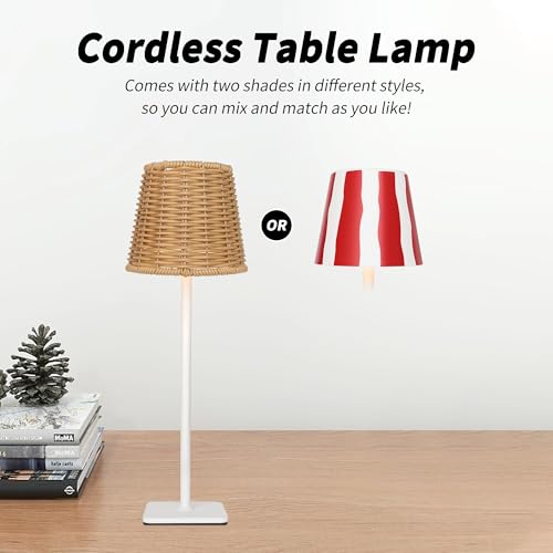 Mr. White Outdoor Waterproof Cordless Wireless Rechargeable Portable Top Touch Battery Operated Powered LED Table Lamp Desk Lamp Lights for Restaurant Kitchen Patio Dinner Dining (Red) - color: Red Stripe+Wicker Lampshade
