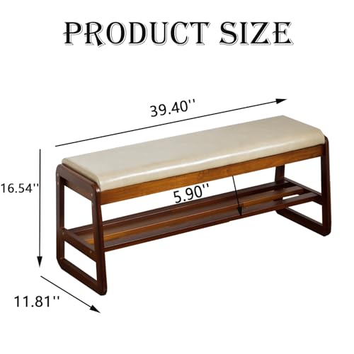 latifolia Solid Wood Bench, Entryway Shoe Bench with Cushion, 2 Tier Shoe Storage Organizer for Hallway, Living Room(Grey,39.70''L) - color: Grey, size: 39.37''L