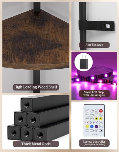 Corner Shelf with LED Light, 5 Tier Smart Color Changing Floor Lamp with Remote, 62" Display Shelf Bookshelf Narrow Storage Rack Standing Lamp for Living Room Bedroom Home Office Decor, Brown - color: Rustic Brown