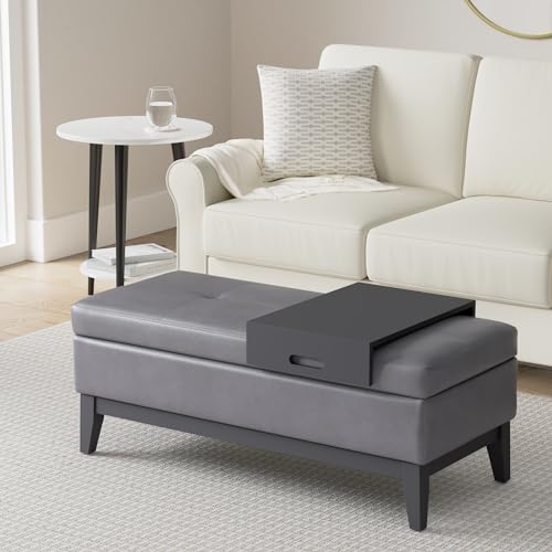 SIMPLIHOME Rebecca 36" Wide Linen Look Fabric Storage Ottoman in Cloud Grey | Modern/contemporary tufted ottoman with tray and lift-up lid; square storage bench for living room or bedroom. - color: Stone Grey