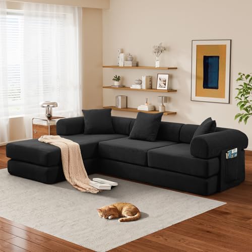 107" Modular Sectional Sofa Bed, L-Shape Corduroy Boneless Couch, Black | Sleeper Futon Sofa Bed, Boneless Couches for Living Room, Modular Couch with Storage, Pull Out Couch, No Assembly Required - color: Black Corduroy