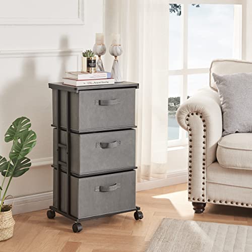MAX Houser Dresser Tower with 3 Drawers, Grey | Fabric Storage Organizer Unit, Chest of Drawers with with WoodTop, Small Vertical Storage for Guest Room, Closet, Entryway - color: Grey1
