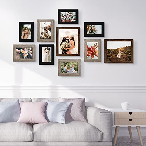 LUCKYLIFE Gallery Wall Frame Set, Picture Frames Collage 10-Pack for Wall or Tabletop with 8x10 5x7 4x6 Frames in 3 Different Finishes - color: Brown&Gray&Black