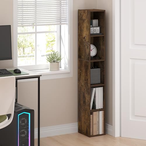 Furinno Fulda Book Shelf, 5-Tier Tall Narrow Bookshelf, Standing Bookcase with 8-in Width Storage Shelf, 9.3 x 7.9 x 51.9, for Organization Storage, for Living Room, Bedroom, Home Office, Amber Pine - color: Amber Pine, size: 5-Tier, 8W