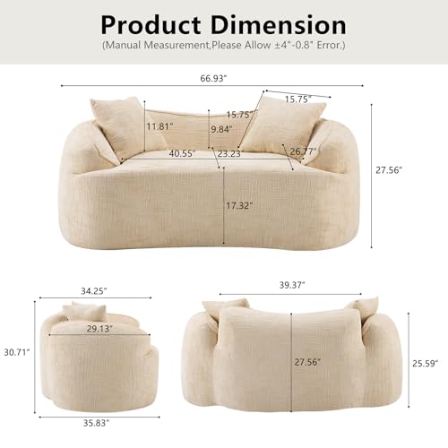 67" Curved Loveseat Sofa with 2 Pillows, Modern Boneless Couch in a Box, Small Cloud Loveseat for Bedroom Small Space Apartment Living Room, Memory Foam, Chenille, No Assembly (Beige) - color: Beige