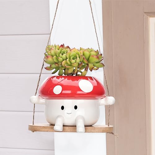 Fungi Fun Mushroom Hanging Planter Pot, Cute Ceramic Swing Face Planter for Indoor & Outdoor, Unique Mushroom Planters for Succulents, String of Pearls Plant, Small Hanging Planters Red & White