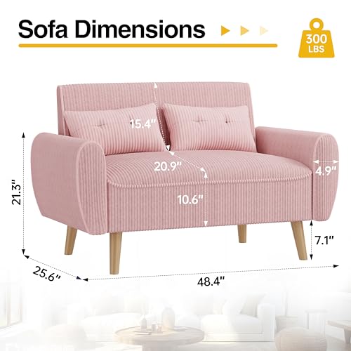 Pink Loveseat Sofa, 47.2'' Modern Small Space Sofa Set, High Density Sponge, Linen, Wood, 350 lbs Capacity - color: Pink