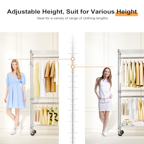 M MZG Heavy Duty Rolling Garment Rack 3 Tiers Adjustable Wire Shelving Clothes Rack with 2 Rods and Side Hooks,Storage Closet Clothing Rack with Wheels Chrome 15.7" D x 29.5" W x 74.5" H - color: Chrome, size: 3 Tier with 2 rod, 15.7"D x 29.5"W x 74.5"H