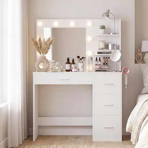 YESHOMY Vanity Desk with Mirror, LED Lights and Storage,Modern White | Makeup Vanity Table with 10 Lights, Power Outlet, 3 Color Modes, 4 Drawers and Shelves for Bedroom - color: Modern White