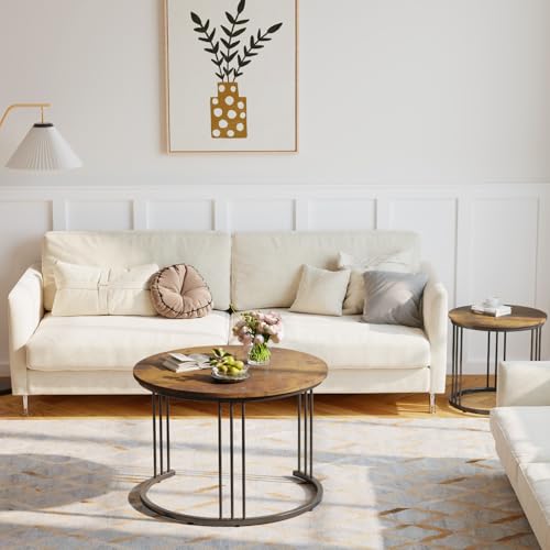 Nesting Coffee Table, 23.6" Round Coffee Table Set of 2, Wooden Nesting Table with Metal Frame, Ceter Tables for Living Room Bedroom Balcony, Rustic Brown - color: Rustic Brown